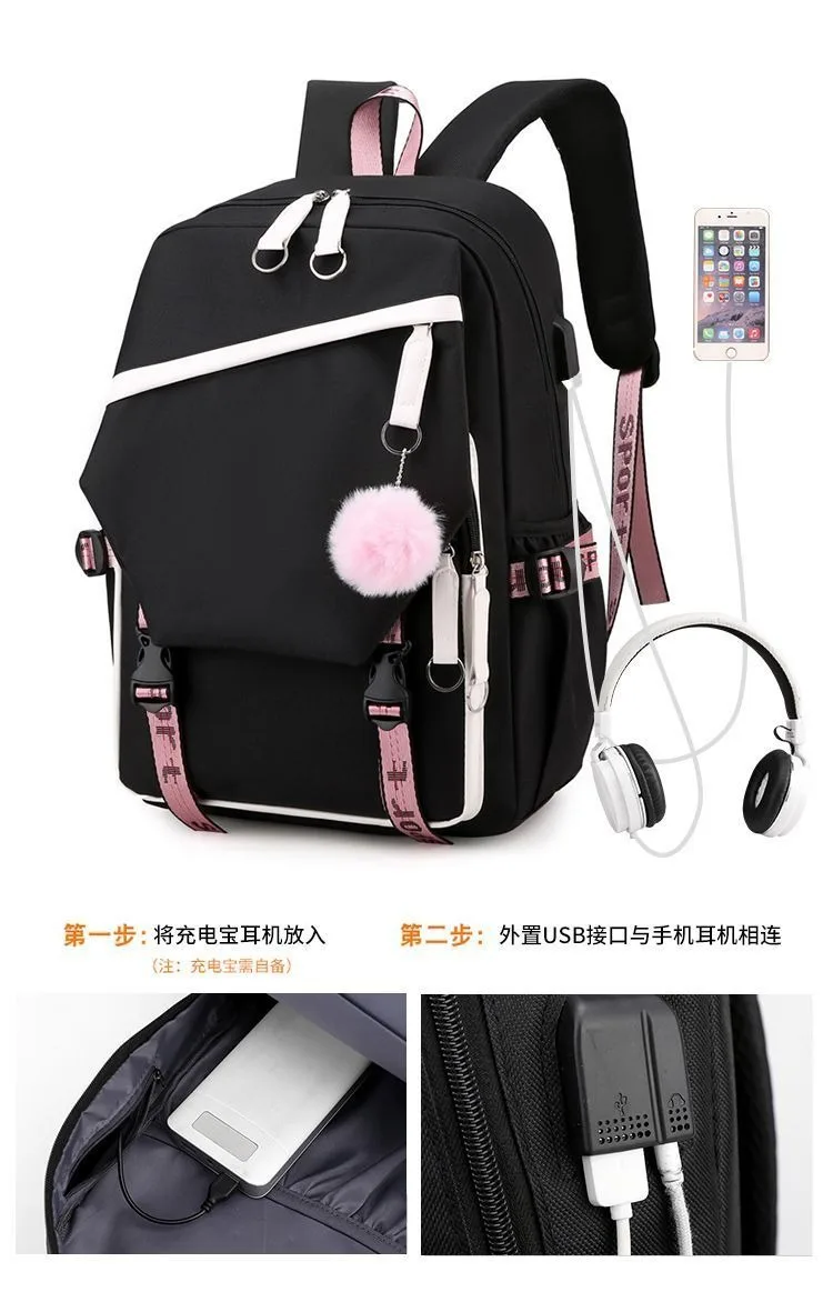 Breathable mesh,With USB, jack 3.5mm,Black Blue Pink White Yellow,Alan Walker,Marshmello,School Bags, Anime Backpacks Girls Boys