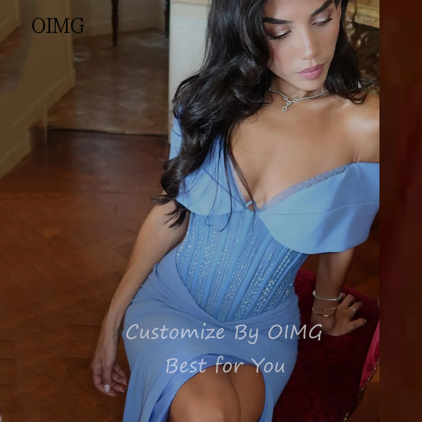 OIMG Märchen Weg Von Der Schulter Blau Meerjungfrau Prom Kleider Seite Schlitz Perlen Party Kleid Bodenlangen Abendkleid Angepasst