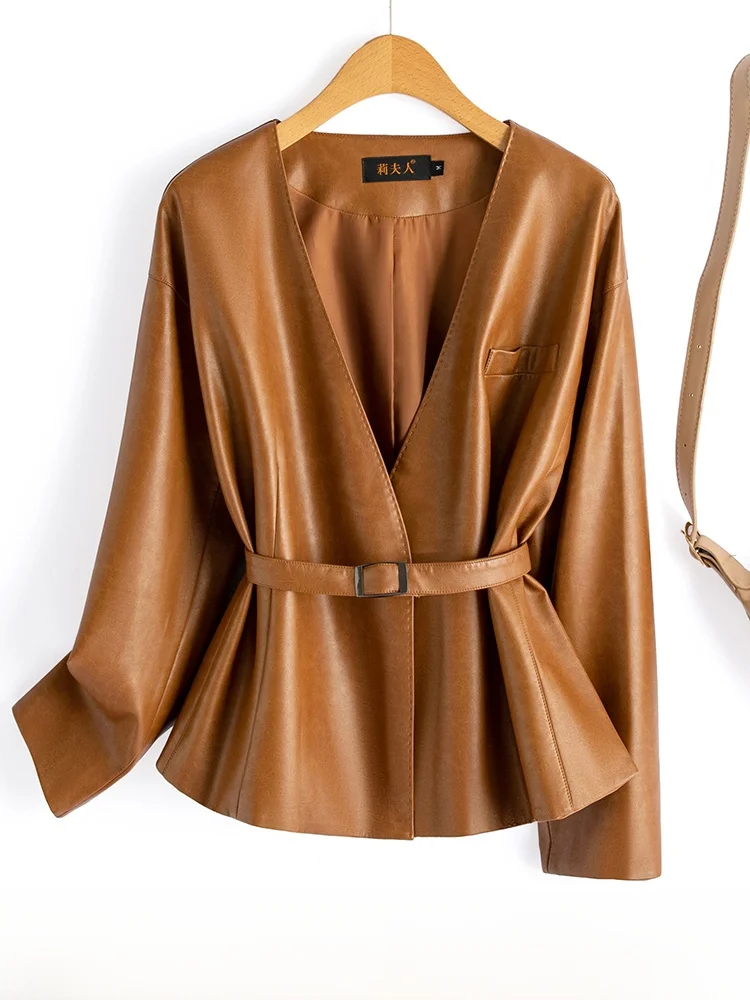 

Новая женская кожаная куртка из овчины 2025 года, приталенное пальто с эффектом похудения, для повседневной носки, с длинными рукавами, V-образным вырезом