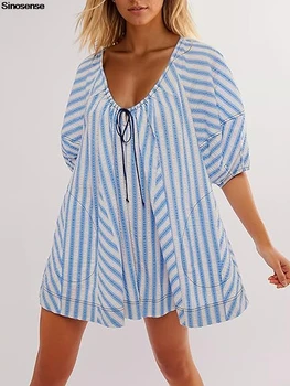 Barboteuses de plage d'été pour femmes, décontractées, rayées, bouffantes, à manches courtes, col réglable, jambes larges, combinaison avec poches