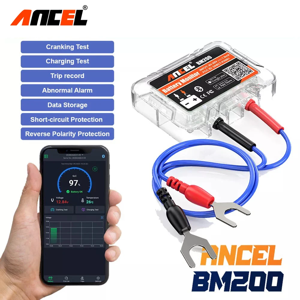 ANCEL BM200 12V Car Battery Tester Bluetooth4.2 Battery Monitor Health Battery Load Analyzer for Lithium & Lead-Acid Batteries