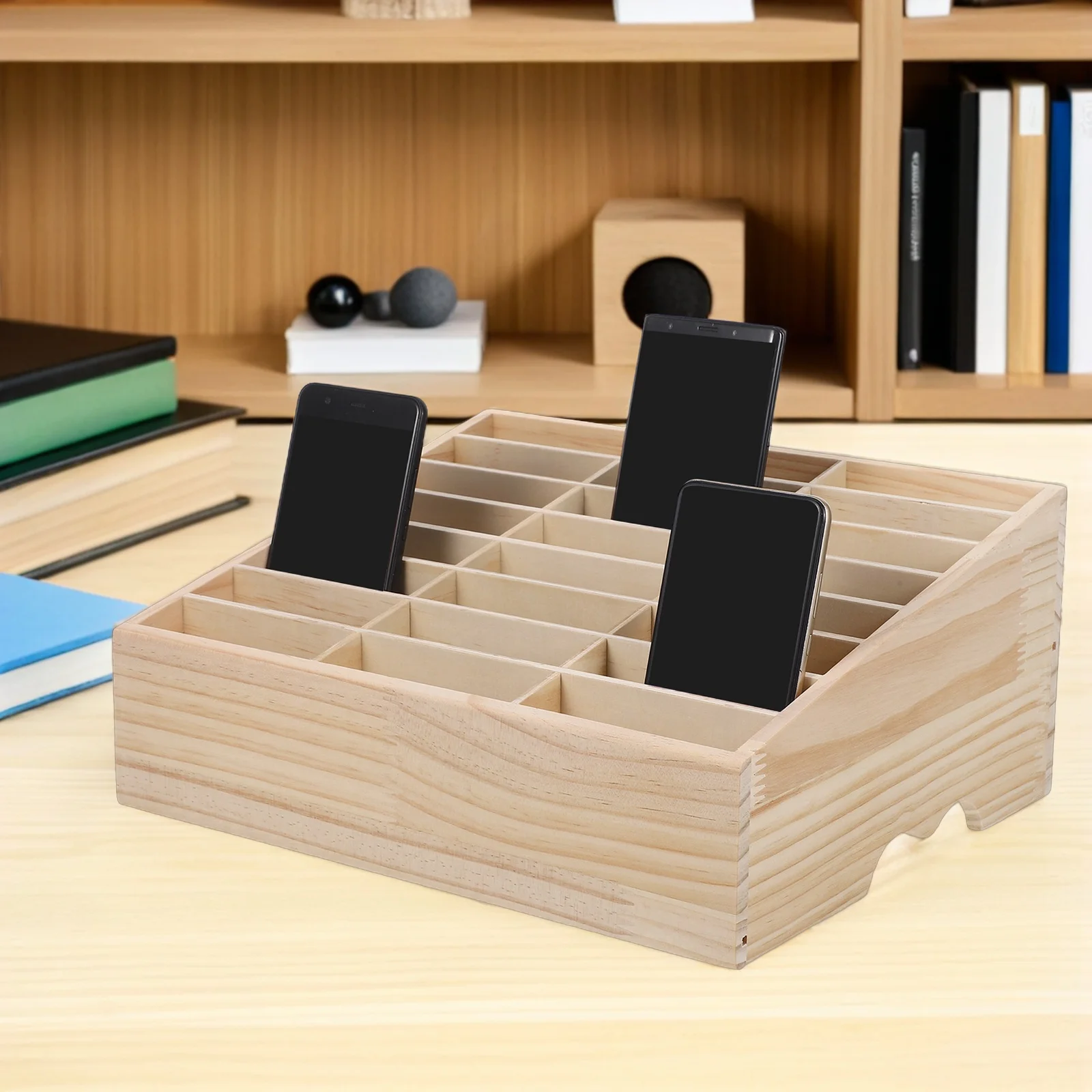 24 Grid Wooden Phone Organizer Office Desk Organizer Multi-Grid Cell Phone Holder Classroom Calculator Storage