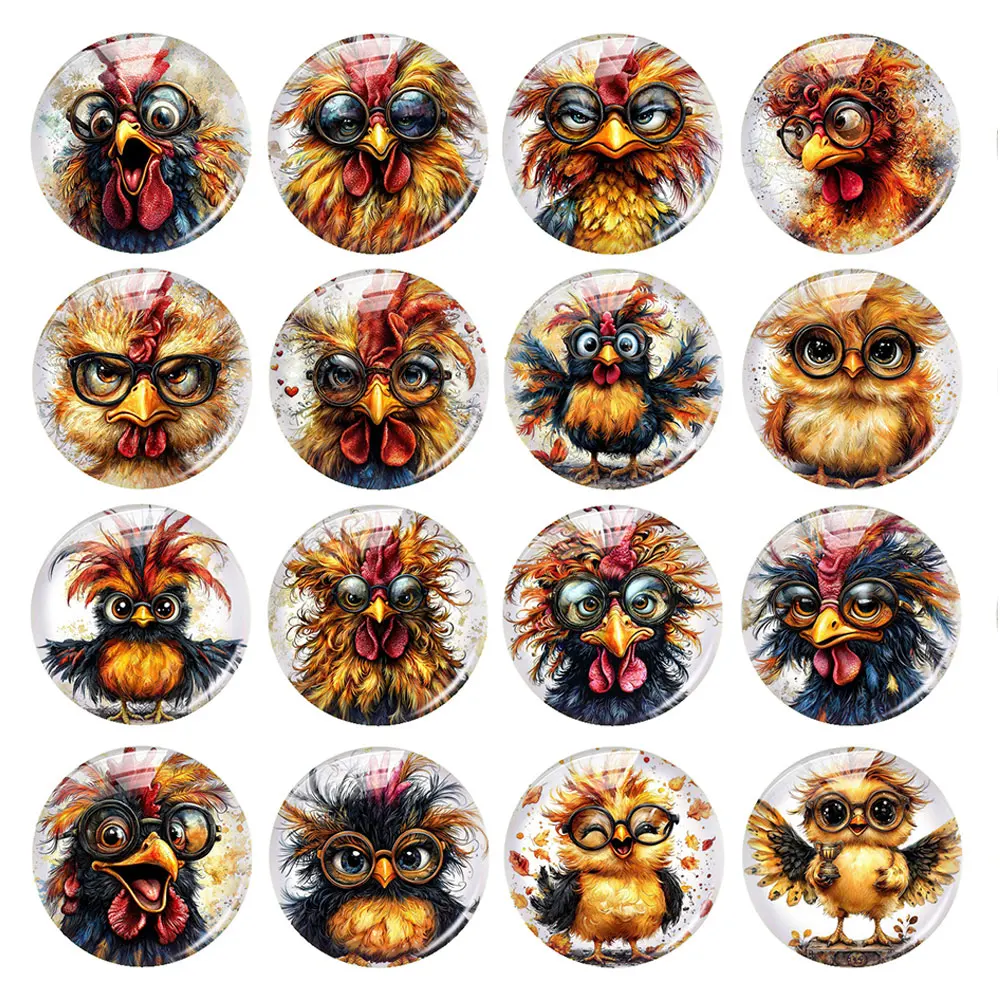 Random Mixed Round/Oval/Square Glasses Fluffy Chick Cartoon Farm Photo Glass Cabochon Flatback Demo Cameo For Diy Jewelry Making