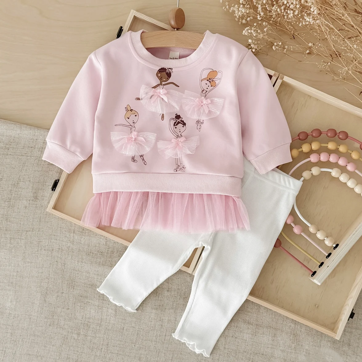 Sweet Baby Girls Cartoon Ballet Print Tulle‑Hem Sweatshirt, Infant Pink Long‑Sleeve Top White Ruffle Pants Casual 2‑Pcs Clothes