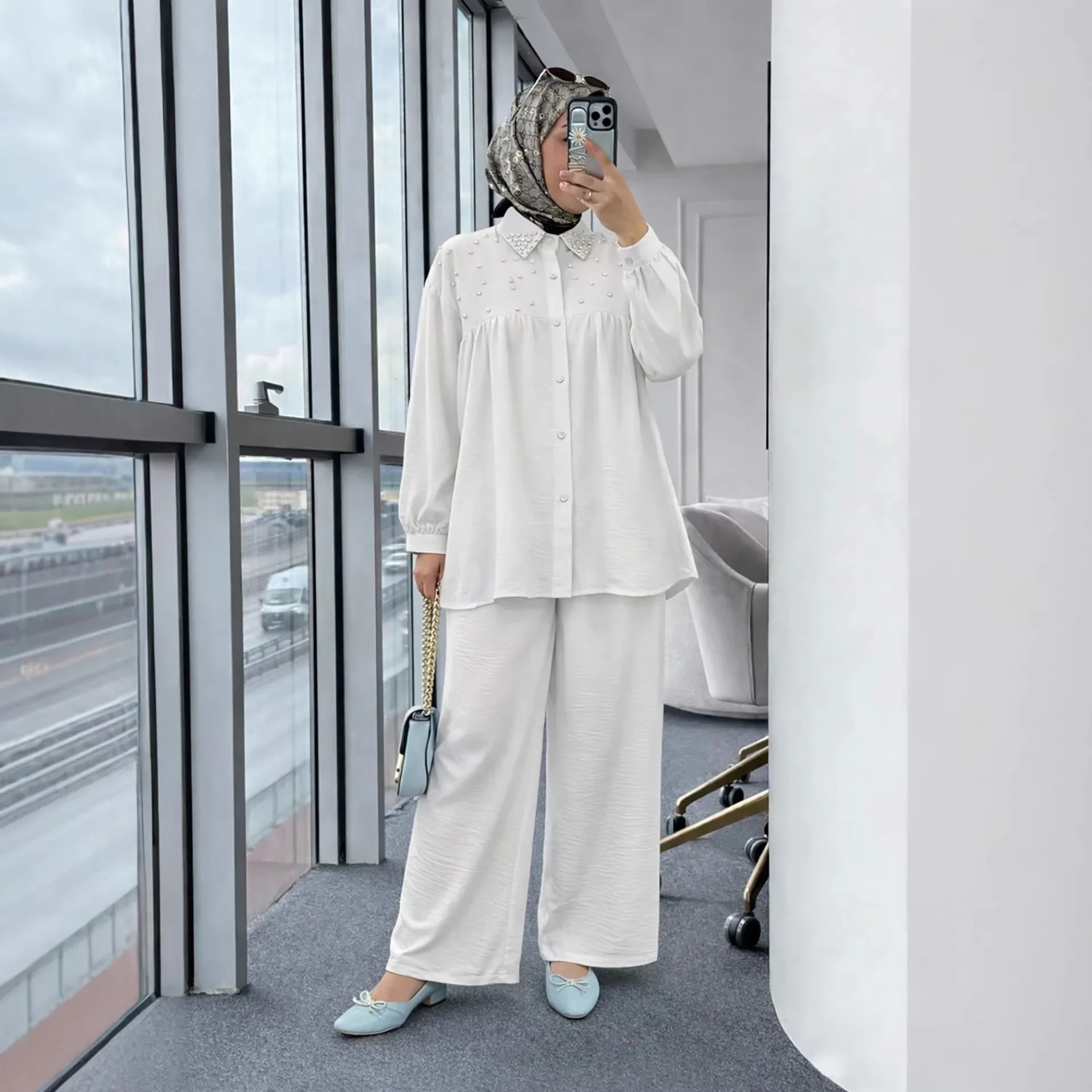 Muslim Set Modest Women Beaded Long Shirt and Wide Leg Pants Outfits Turkey Islam Clothing Kaftan Solid Color Musulmane Ensemble