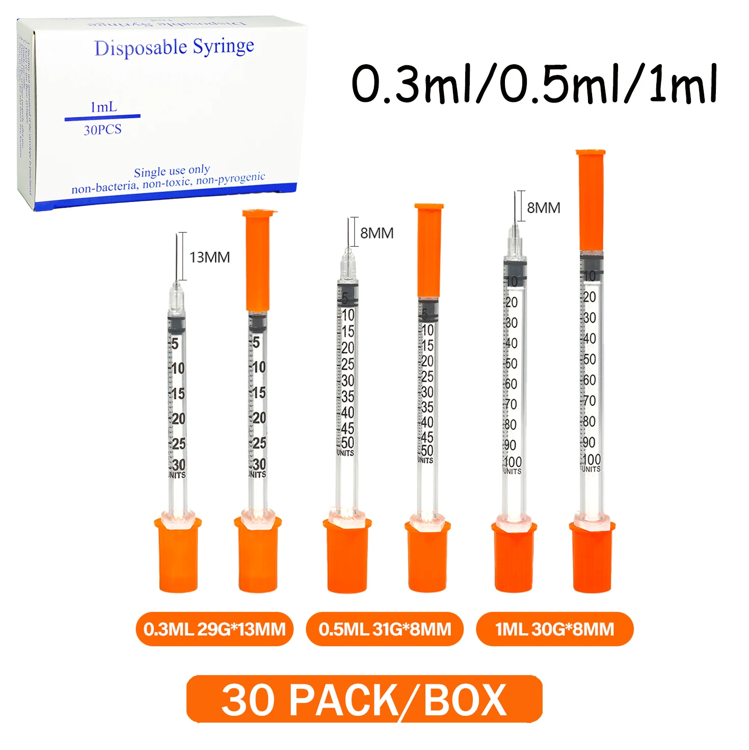 30pcs Set Small-Capacity 0.3ml/0.5ml/1ml Sterile Insulin Syringes Individually Wrapped for Pet Care And Lab Use