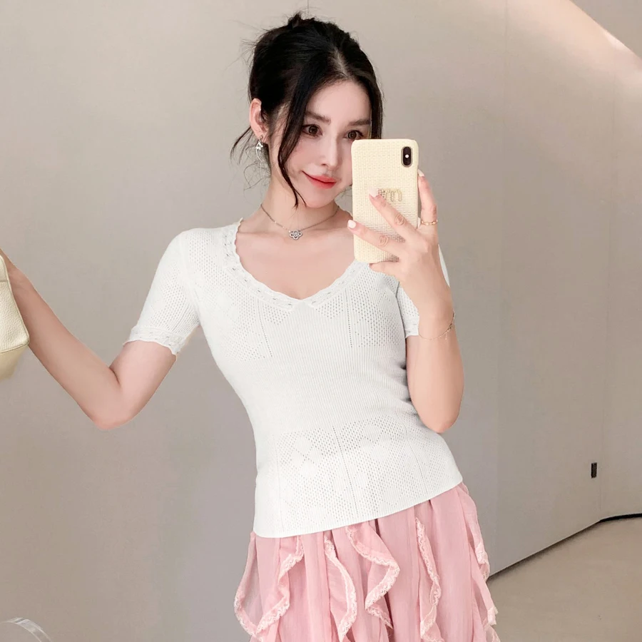 

Sexy Lace Knitted Wool Base Layer Top Women's Faion Slim Fit V-Ne ort Sve T-irt Set Student Work orm Suit