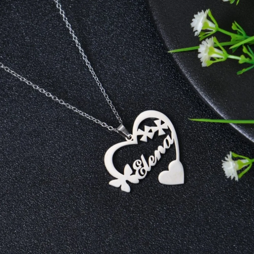 Customized Heart Name Necklace Personalized Bow & Star Design Pendant in Gold Silver & Rose Gold Elegant Heart Pednant Jewelry