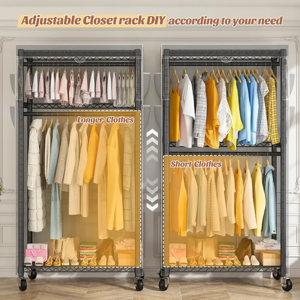 Duty Clothes Rack with Cover Adjustable Rolling Clothing Rack with Wheels Portable Closet for Hanging Clothes, Cloth Wardrobe