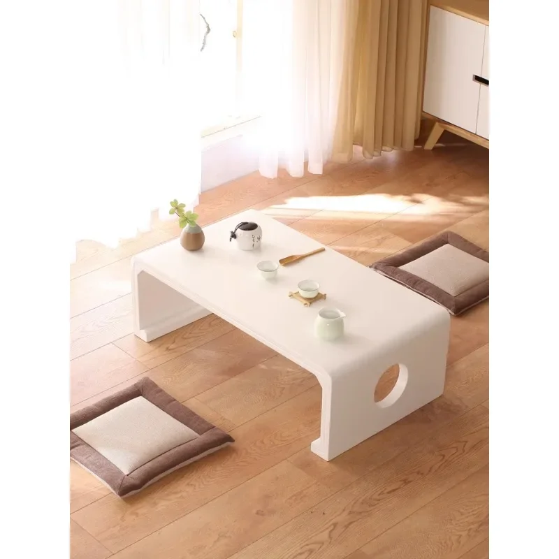 White balcony small table, Japanese tatami mat coffee table, bay window solid wood floor sill, window sill  simple