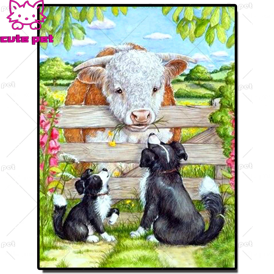 wall Paintings diamond mosaic farm animal cow with dog full square/ROUND drill 5d diamomd embroidery sale Handmade home 3d art