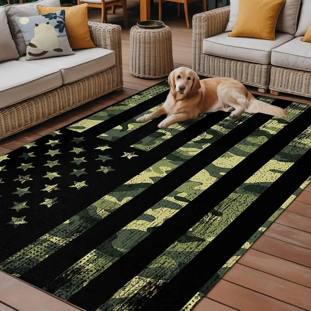 

Уличный ковер с патриотическим американским флагом — зеленая звезда 5x8 футов, черная полоса, водонепроницаемый для патио, террасы, автофургона, пляжа