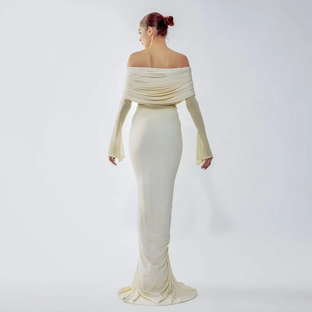 베이지 여성용 프롬 드레스 섹시한 오프숄더 긴 소매 러플 롱 쉬스 파티 가운 가을 정장 웨딩 게스트 생일 드레스