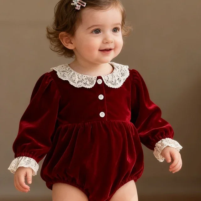 Baby Onesie 2026 Spring And Autumn New Childrens Clothing Girls Baby Fashion Christmas Lovely Lace Onesie Casual Simple