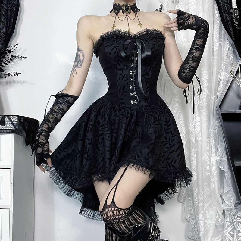 Goth Dark Lace Patchwork Bandage StraplessCorset Dress Mall Gothic Party Ball Gown FairyHotsweet Backless Tailed Dresses Women