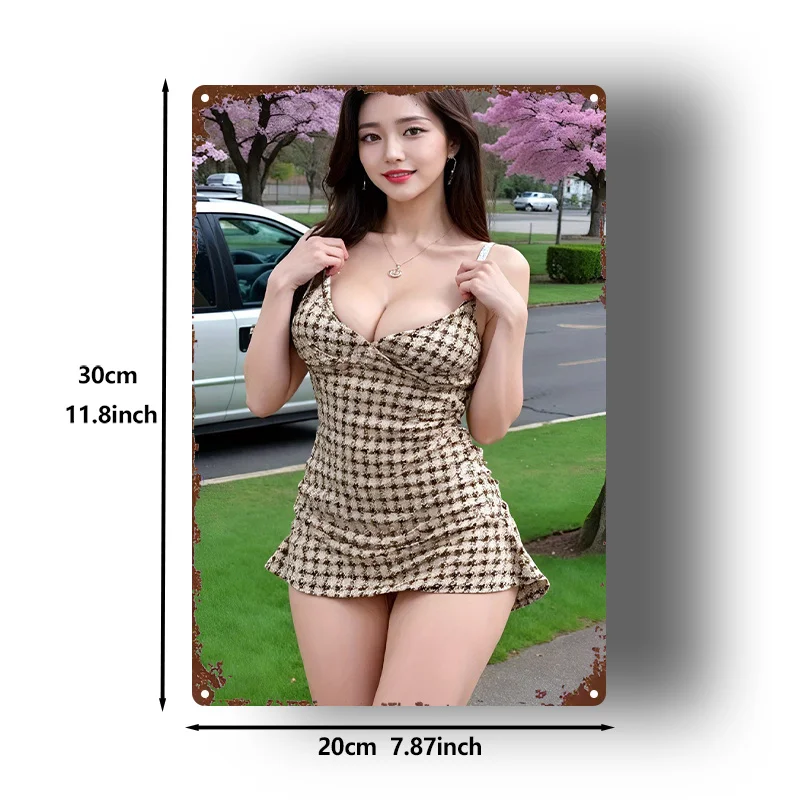 2D Flat, 1pc Vintage Elegant Pinstripe Dress Metal Wall Art Sign - 8x12 Inch (20x30cm) Iron Retro Female Mannequin Decor for Hom