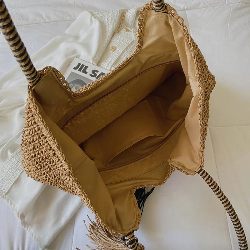 Bolso de playa de tejido de paja con borlas para mujer, bolsa de hombro de gran capacidad, a la moda, para verano, 2022