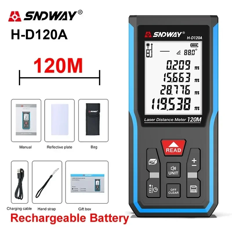 

SNDWAY Laser Distance Meter 50M 70M 100M 120M Rangefinder Digital Range Finder Trena Roulette Ruler Distance Measuring Tape