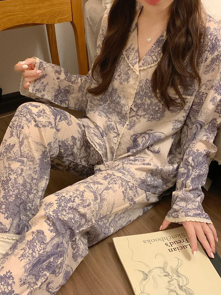 Conjunto de pijama de manga larga para mujer, ropa de dormir con estampado suelto de encaje, estilo chino, tótem Vintage, elegante, otoño e