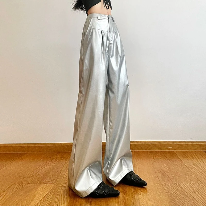 Streetwear Cool Silver High Waist Pants for Women Fashion Casual Loose Wide Leg Floor Dragging Pant Y2k Hip Hop Leather Trousers