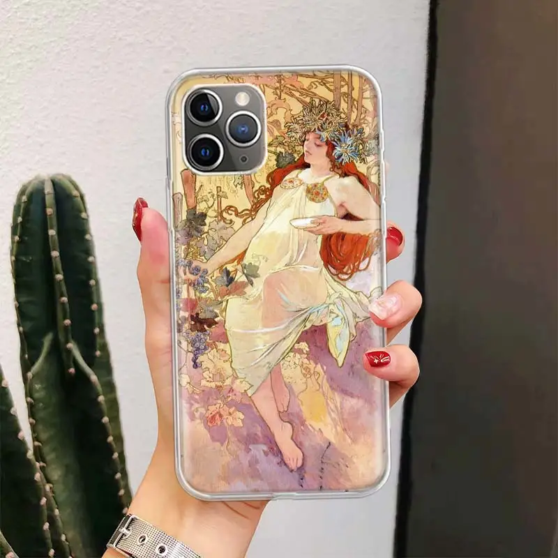 Alfons Mucha Primavera For iPhone 16 15 14 13 12 11 Pro Max Phone Case X XS XR 7 Plus Print 8 SE Apple Fundas Cover Coque 11 15 