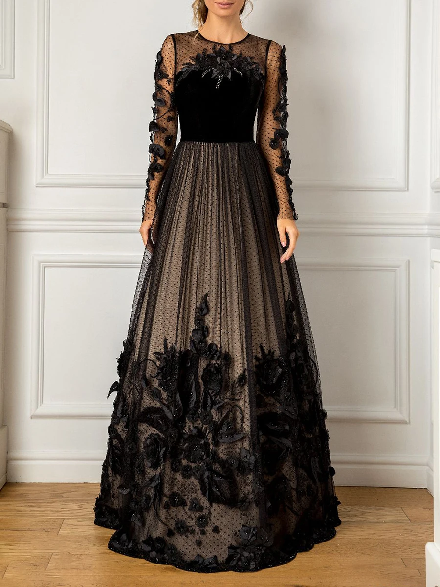 Customized Beading Prom Dress Long Sleeve Lace Cocktail Party Elegant Floor Length Illusion Black Evening Dresses for Women 2024