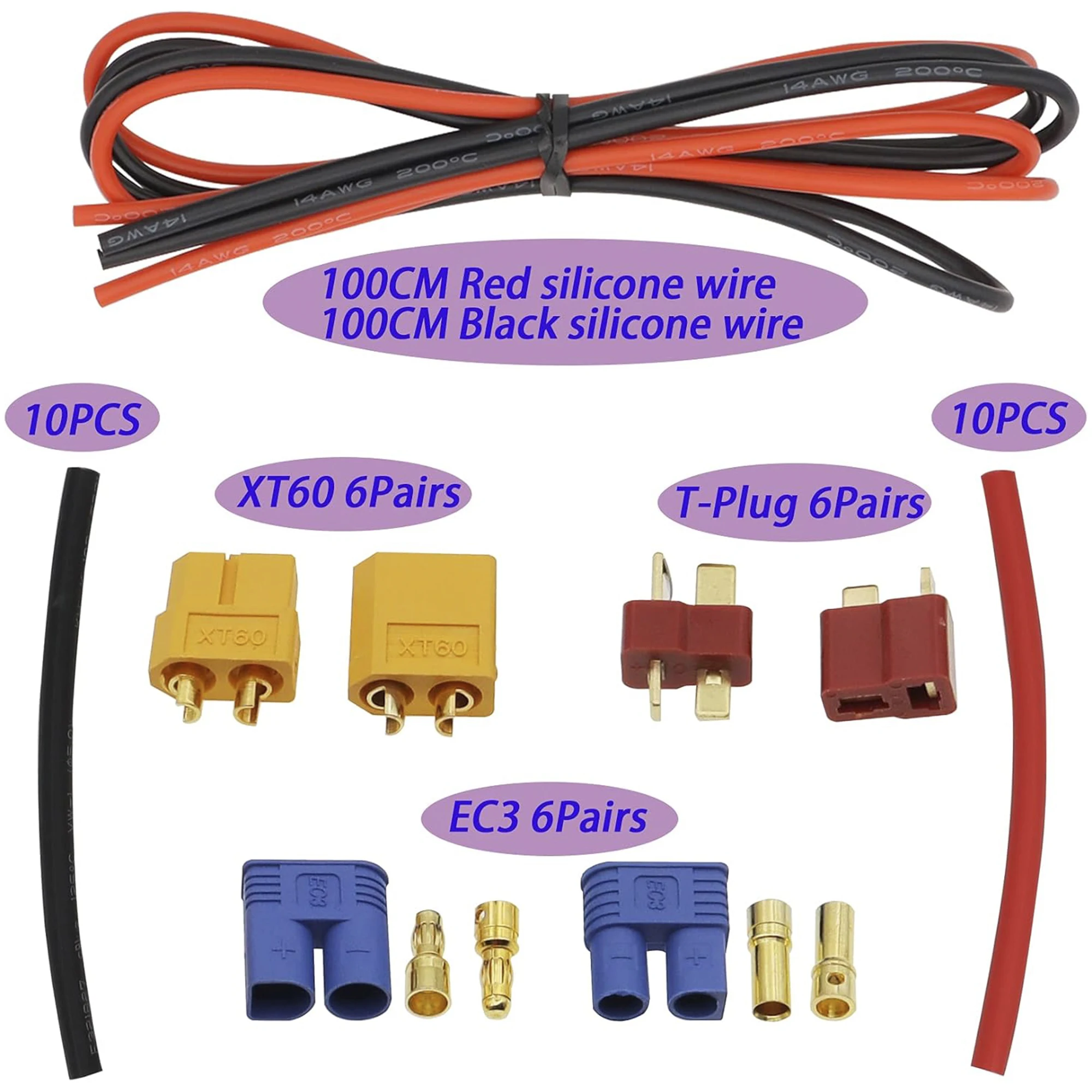 Adapter złączy męskich żeńskich XT60 / EC3 / Deans z przewodem silikonowym i rurkami termokurczliwymi do silnika akumulatorowego RC ESC Lipo