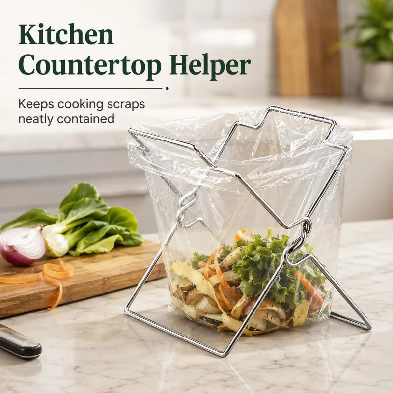 Collapsible Steel Garbage Bag Holder,Kitchen Countertop Trash Bag Support Rack,Portable Storage Organizer Stand,Dishcloth Towel