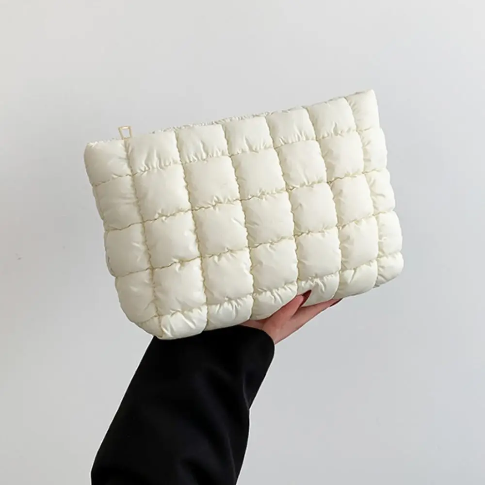 Simple Puffy Quilted Padded Makeup Bag Zipper Storage Bag Cotton Clutch Bag Solid Color Handbag Cosmetic Bag Outdoor