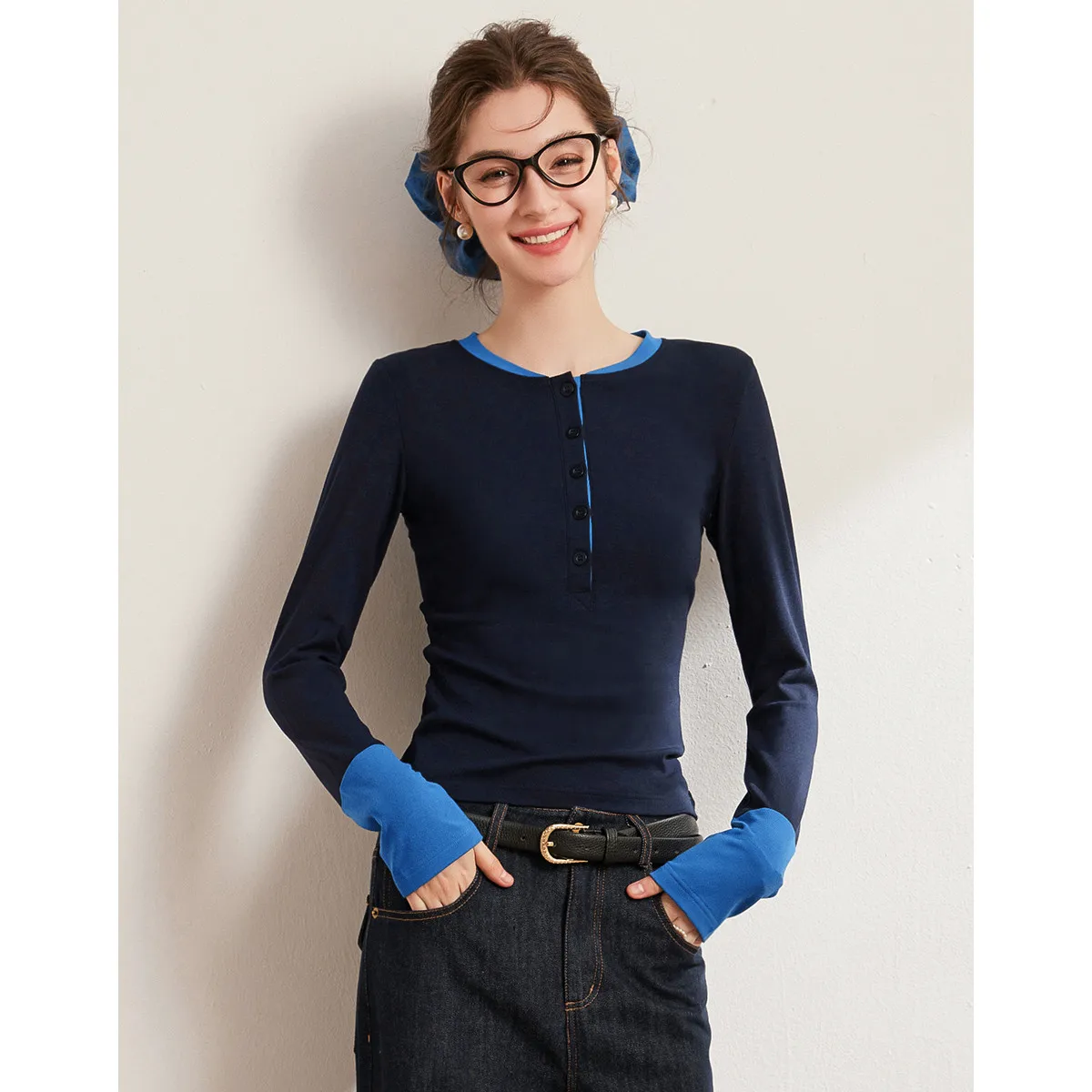 LOUIS YAO New Splicing Color Contrasting Women's T-shirt 2025 Spring Half Open Placket Micro Elastic Tops Slim Long Sleeve Tees