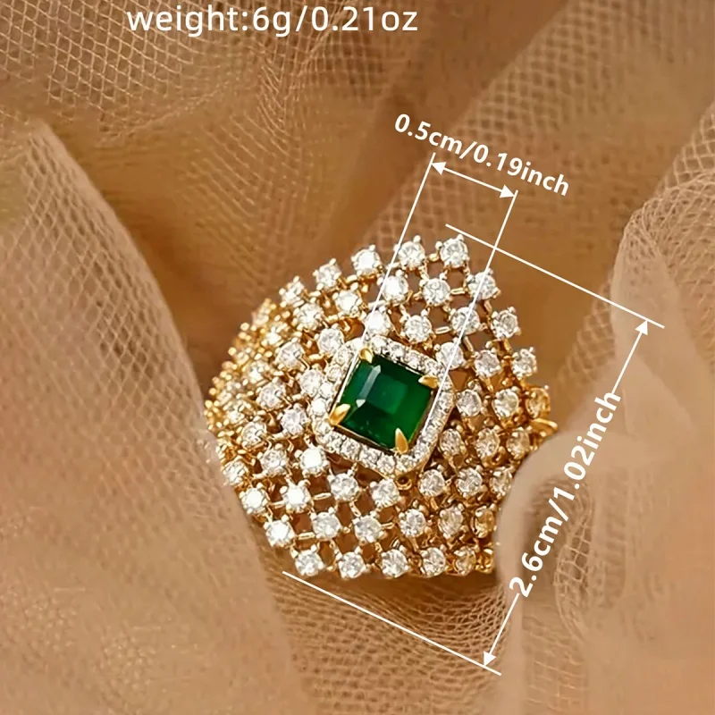Huitan Funkelnder Damenring mit grünem CZ-Stein, hohles Design, modisch, für Hochzeit, elegante Dame, Jahrestag, Accessoires, Schmuck, Geschenk – Detail 7