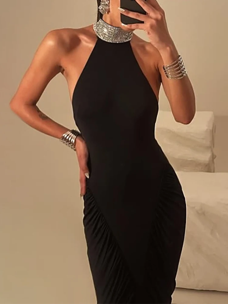 Vestido sin espalda con cuello plisado para primavera y verano, vestido de celebridad social ajustado con temperamento de alta gama