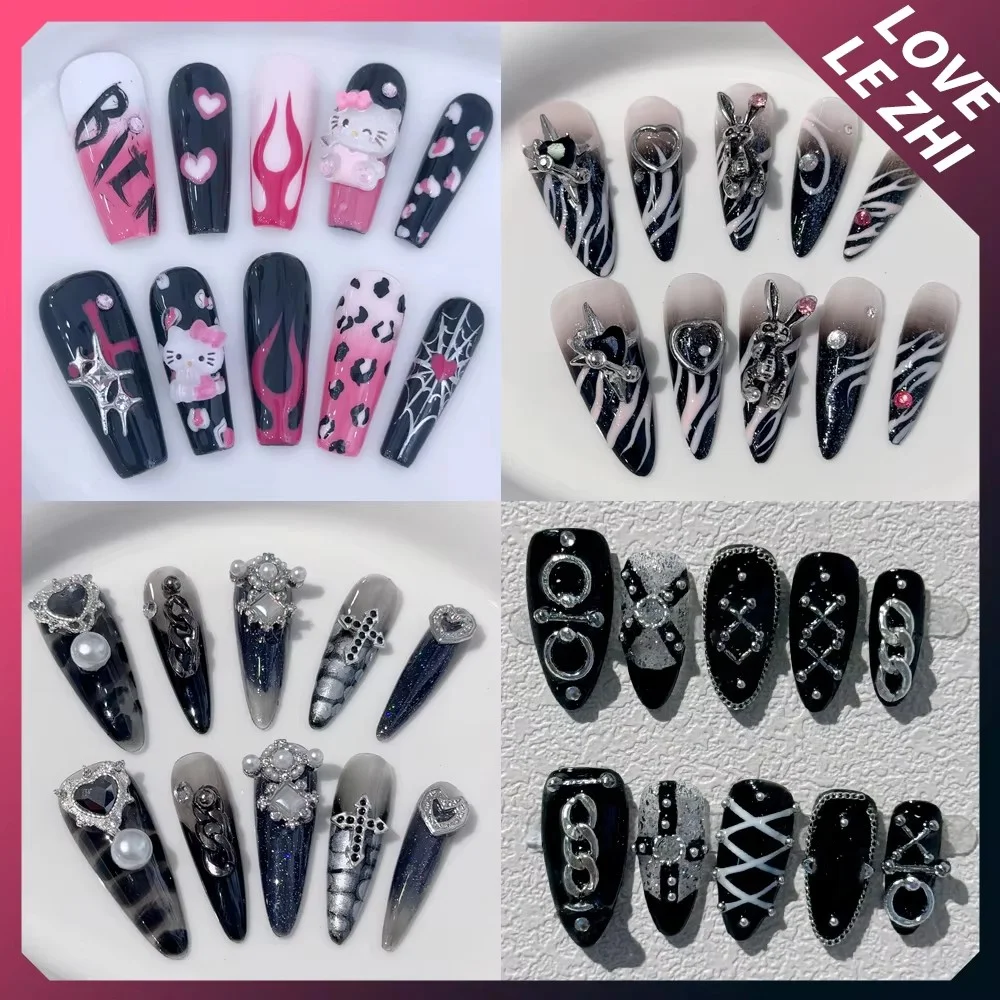 

Diy Hello Kitty Kuromi Nail Art Dark Metal Diamond Goth Punk 3D Rhinestone Handmade Y2K Almond Press On Nails Tips Manicure