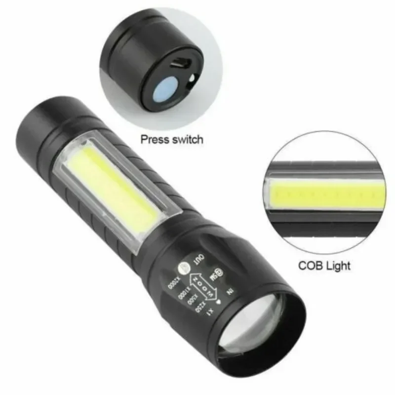 2-in-1 LED Flashlight Mini Torch 4 Modes USB Rechargeable Battery Lamp Zoom Focus COB Torch Outdoor Waterproof Camping Light