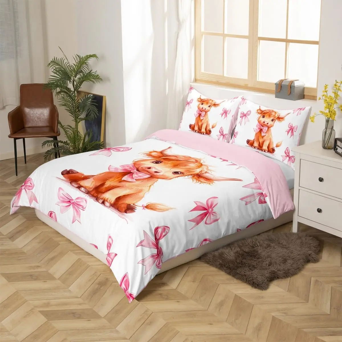 Kawaii Highland Cow Duvet Cover Set Single Size Pink Princess Bowknot Bedding Set With 1 Pillowcase For Girls Kids