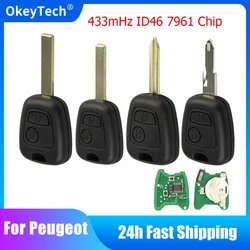 OkeyTech-llave de coche remota para Peugeot 106, 206, 107, 207, 306, 307, 407, 2 botones, 433mHz, ID46, Chip transpondedor, hoja en blanco sin cortar