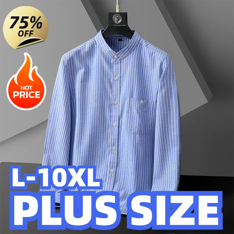 Men Shirt Blue Striped Oxford Cotton Flannel Plus Size Elegant Office Oversize Long Sleeve Slim Red White 5XL 6XL 7XL 8XL 10XL