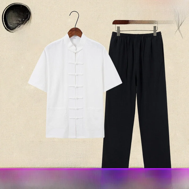 

Летний хлопково-льняной костюм для массажа и традиционной китайской терапии, мужской, в стиле дзен, с коротким рукавом, танский костюм.