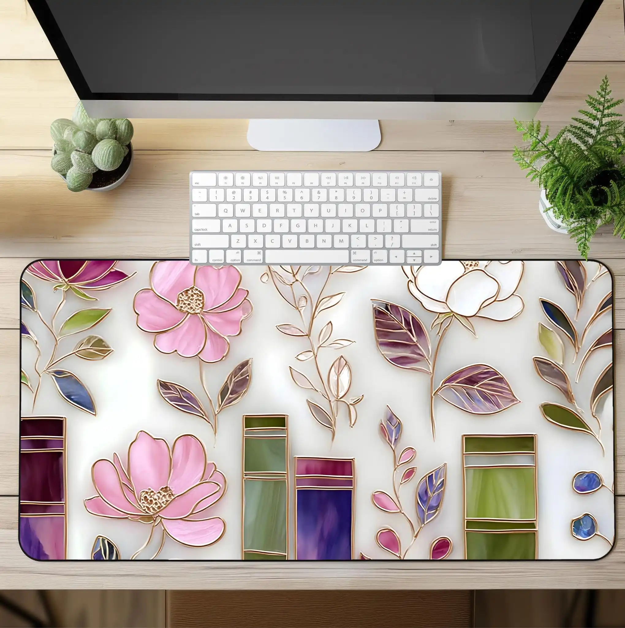 Stained Glass Bookish Desk Mat, Botanical Floral Bookshelf Mouse Pad, Library Office Decor
