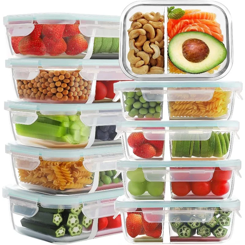 10 Pack Glass Meal Prep Containers 2 Compartment, Food Storage with Lids, Airtight Lunch Bento Boxes, BPA-Free & Leak Proof