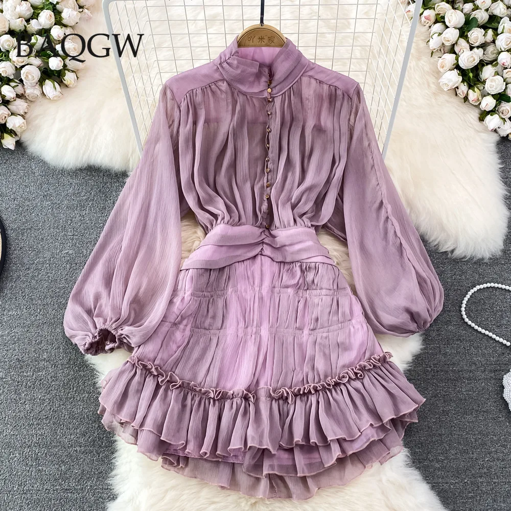 Elegant Tierred Ruffles Fashion Dress for Women Button Up Autum Long Sleeve Chic Slim Hem Mini Dresses Lay Beach Party Vestido