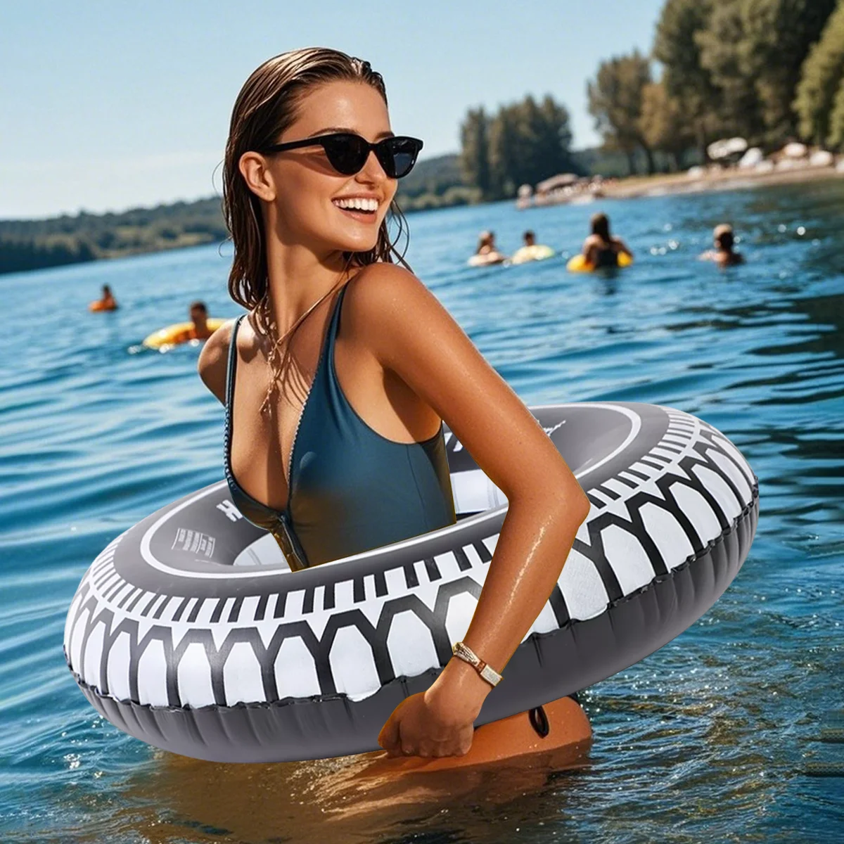 Black Tire Inflatable Swim Ring – Multi-Size Thickened PVC Printed Pool Float, Water Play Toy for Fun
