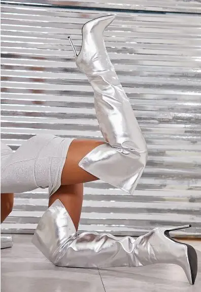 

Sexy Women Sliver Matte Leather Pointed Toe Stiletto Heel Over The Knee Boots V Open Back Party Long Botas Shoes Plus Size 47