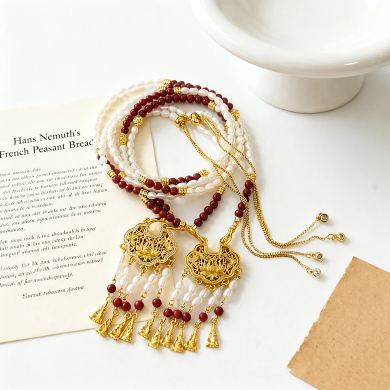 Color-protected traditional sand-gold lotus peony ruyi lock necklace with rice-grain freshwater pearls, sweater chain, 85cm.