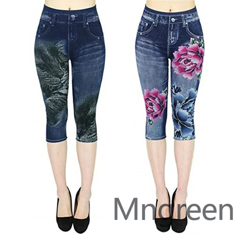 

2025 new model, imitation denim leggings women's cropped pants summer, printed high-waisted women's pants