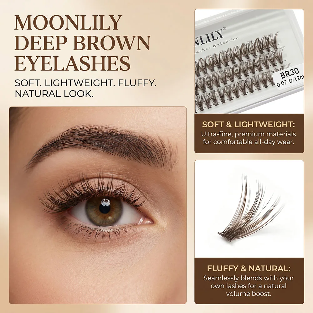 Moonlily 60pcs Brown Cluster Eyelashes Extension 3D Volume Mink Deep Brown Grafting False Lashes Silk Texture Bundle Makeup Tool
