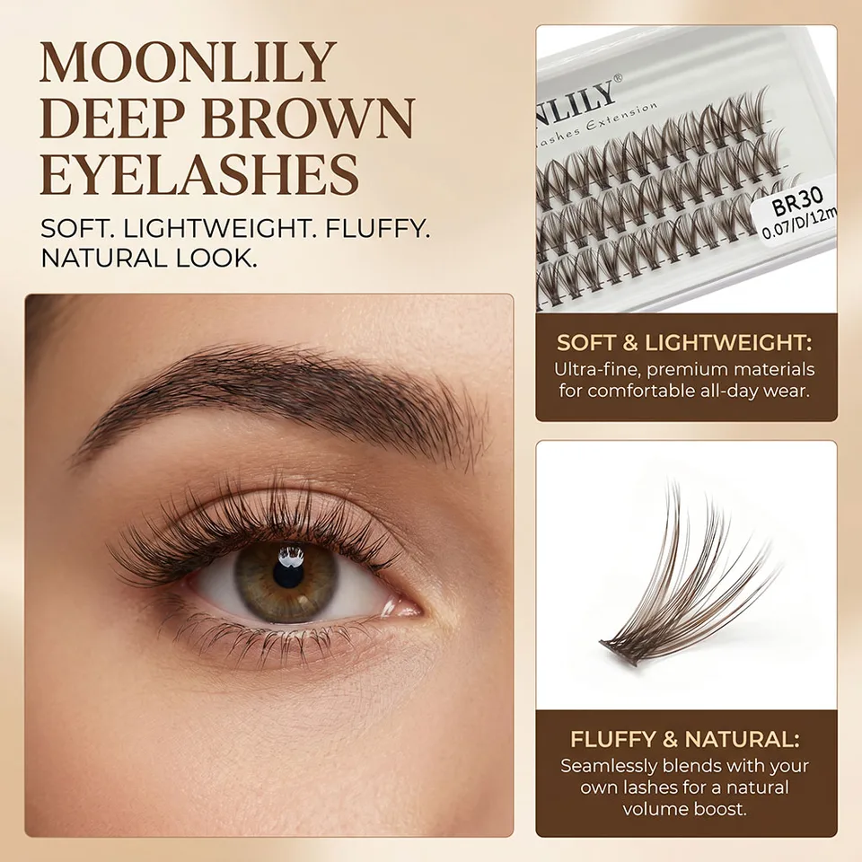 Moonlily 60 piezas de pestañas marrones en racimo, extensión de pestañas 3D volumen, visón marrón oscuro, pestañas postizas de seda, herramienta de maquillaje 2