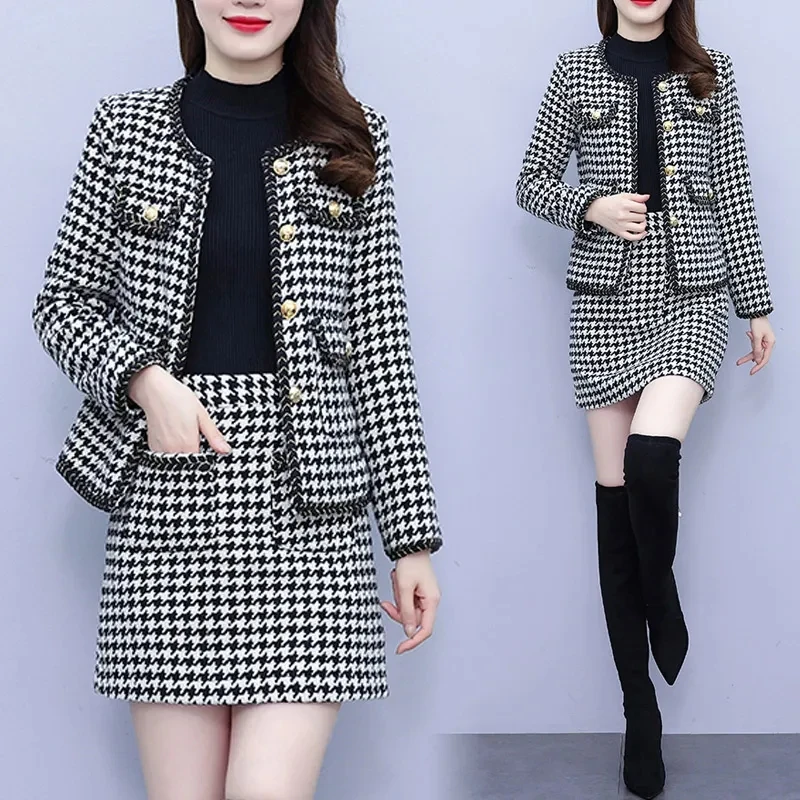 Spring Summer New Chic Casual Houndstooth Skirt Suit Women's Outer Wear Top Korean Button Loose Oversize 5XL Two-Piece Sets