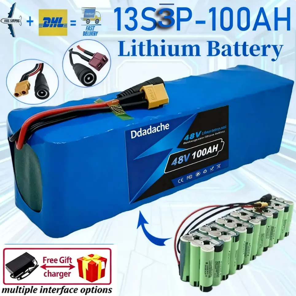 48V 100Ah 1000W 13S3P XT60/DC 48V Lithium-Ionen-Akku 100Ah, geeignet für 54,6V Scooter mit BMS+Ladegerät. Der Roller-Typ