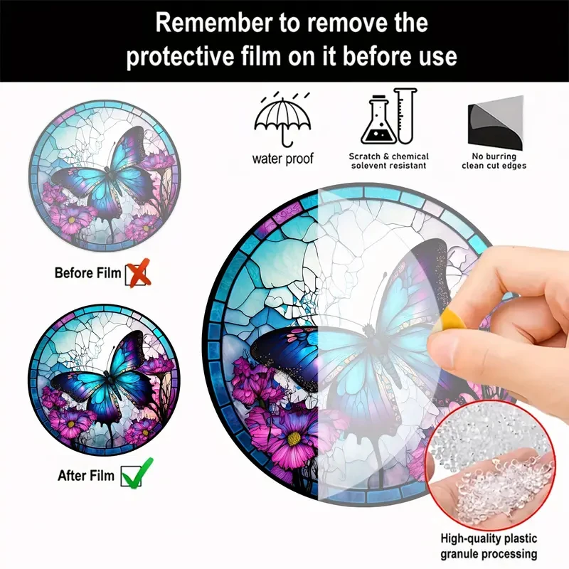 Butterfly&Flowers Suncatcher Acrylic Round Translucent Stained Glass Window Hanging-courtyard,Patio,Garden,Room Decor.Ideal Gift